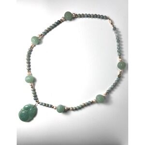 VTG Hand Carved Lotus Fruit Jade Pendant Necklace with Pearls & Gold Tone Beads